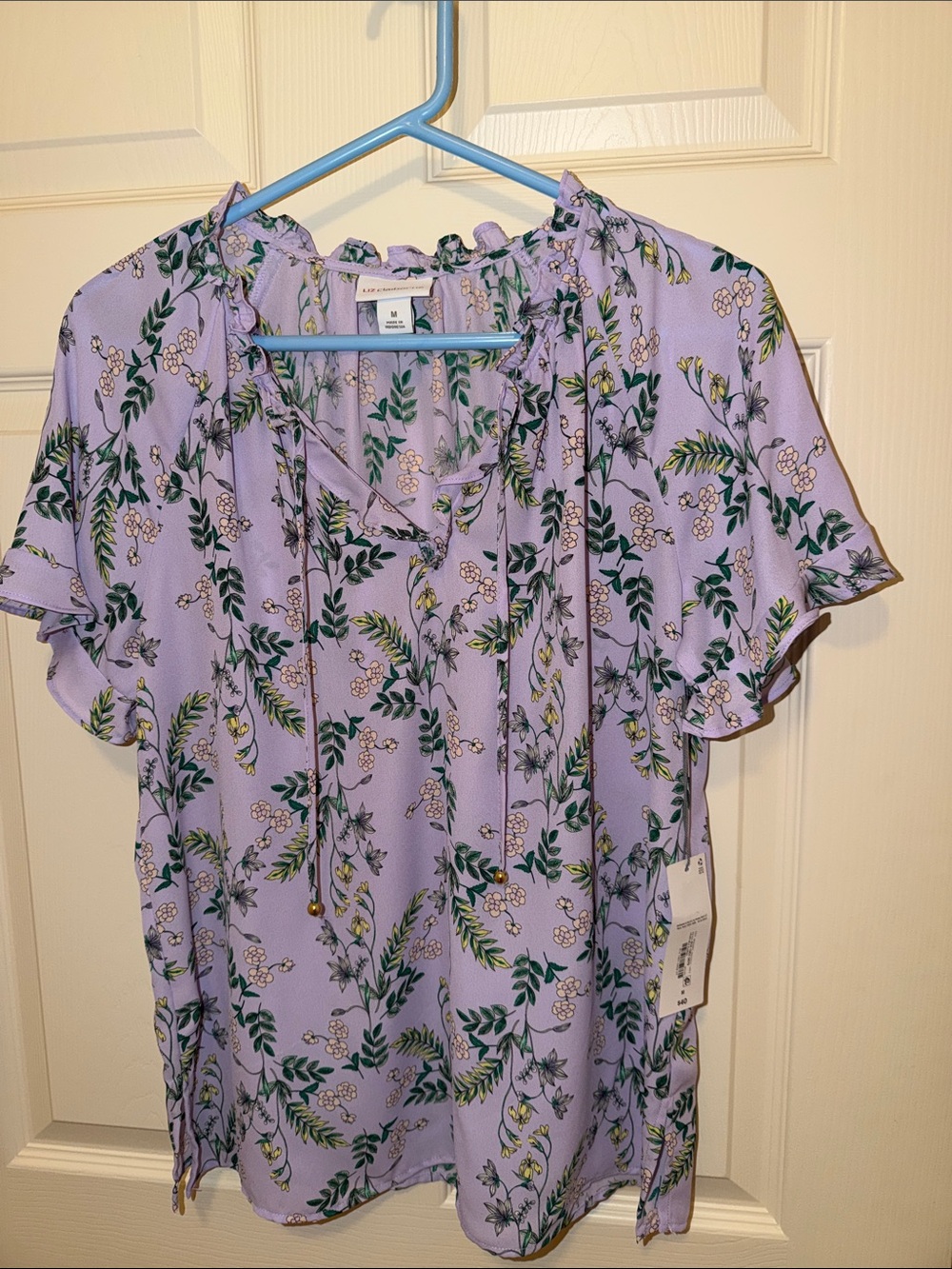 Liz Claiborne Lavender Floral Ruffle Tie-Neck Blouse